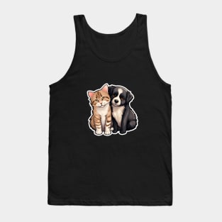 Cute Ginger Tabby Cat and Black and White Puppy Buddies Tank Top